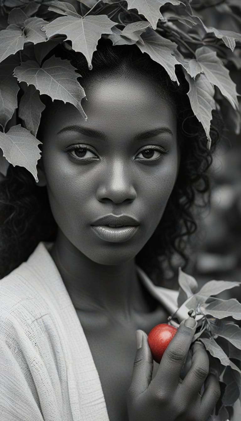 Monochrome Image of Eve with Red Fruit