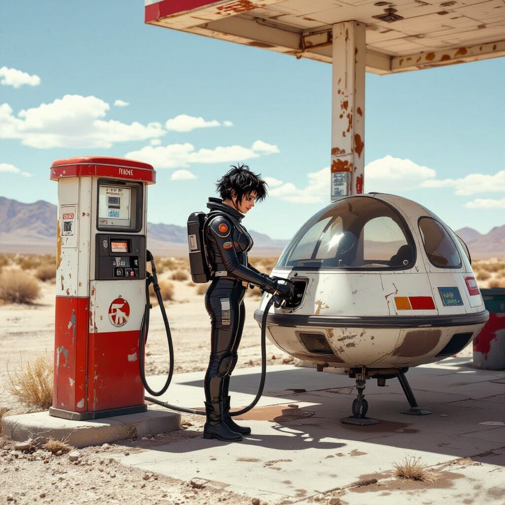 Woman in Spacesuit at Desert Gas Station Refueling Space Pod