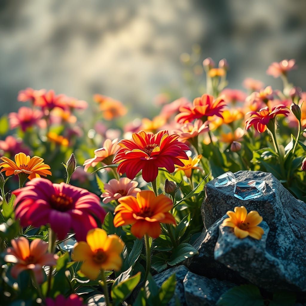 Hyperrealistic Garden Scene with Glimmering Crystals