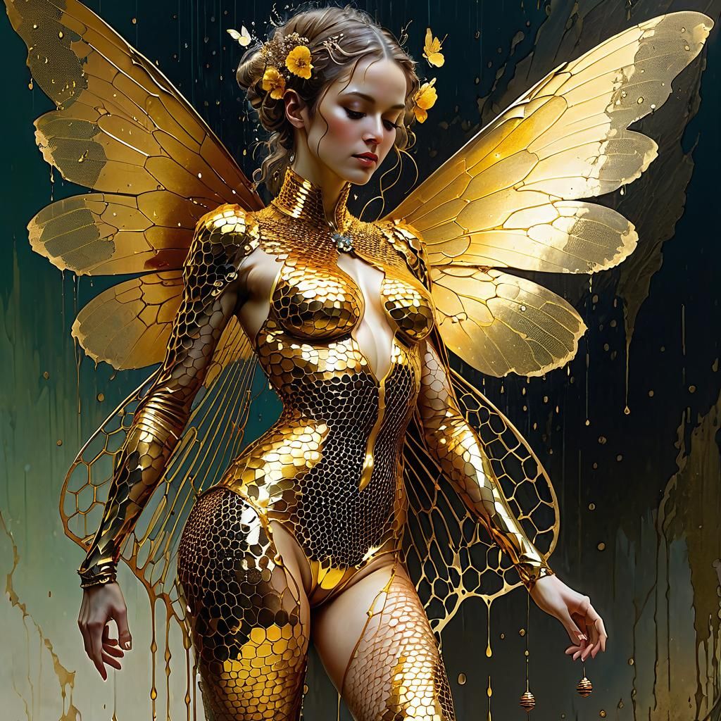 Honeycomb Woman with Wings in Arthur Rackham Style