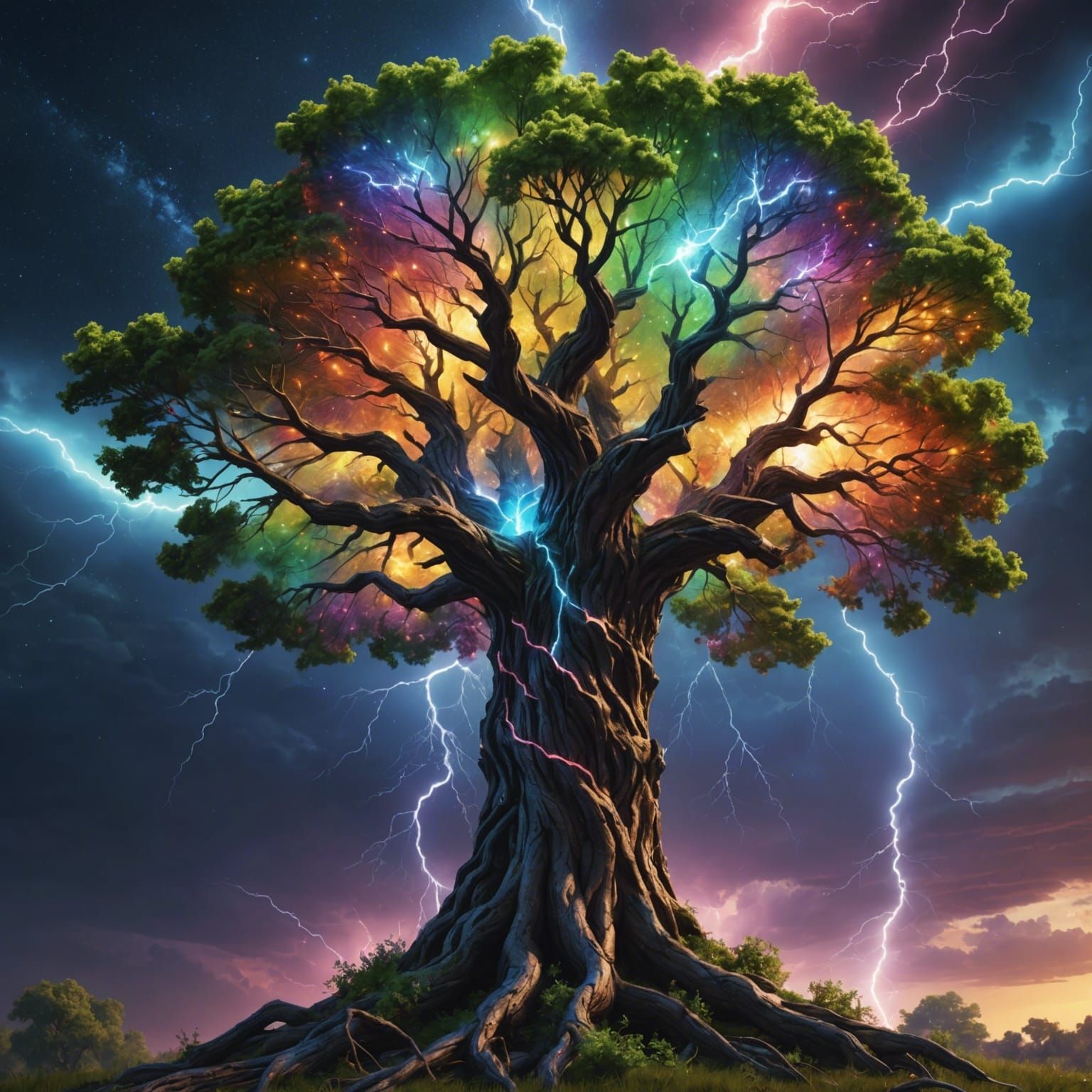 Cosmic Lightning Strikes Hyperrealistic Tree