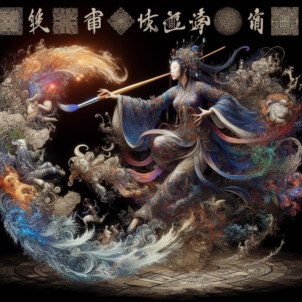 Enchanting Princess Paints Calligraphy: A Symbolic Fusion