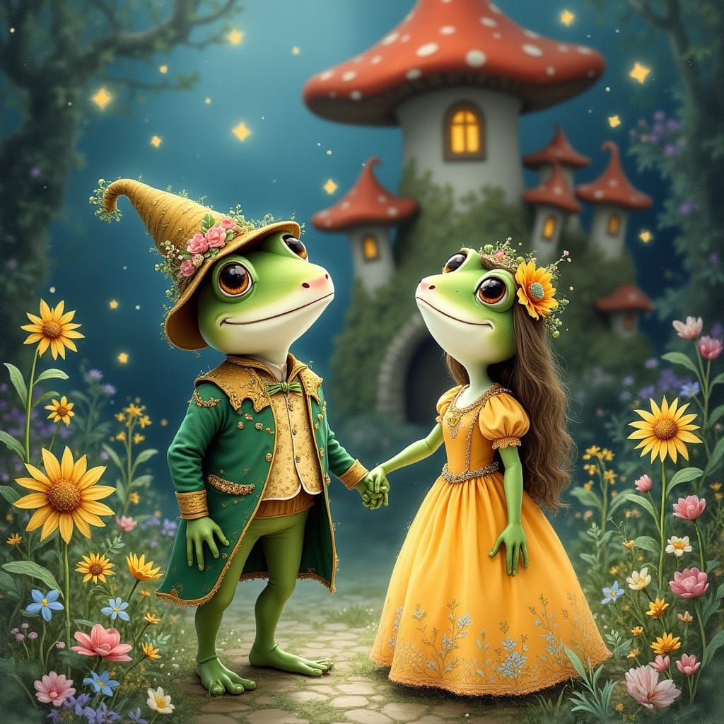 Whimsical Fairy Tale Scene with Frog Prince and Princess