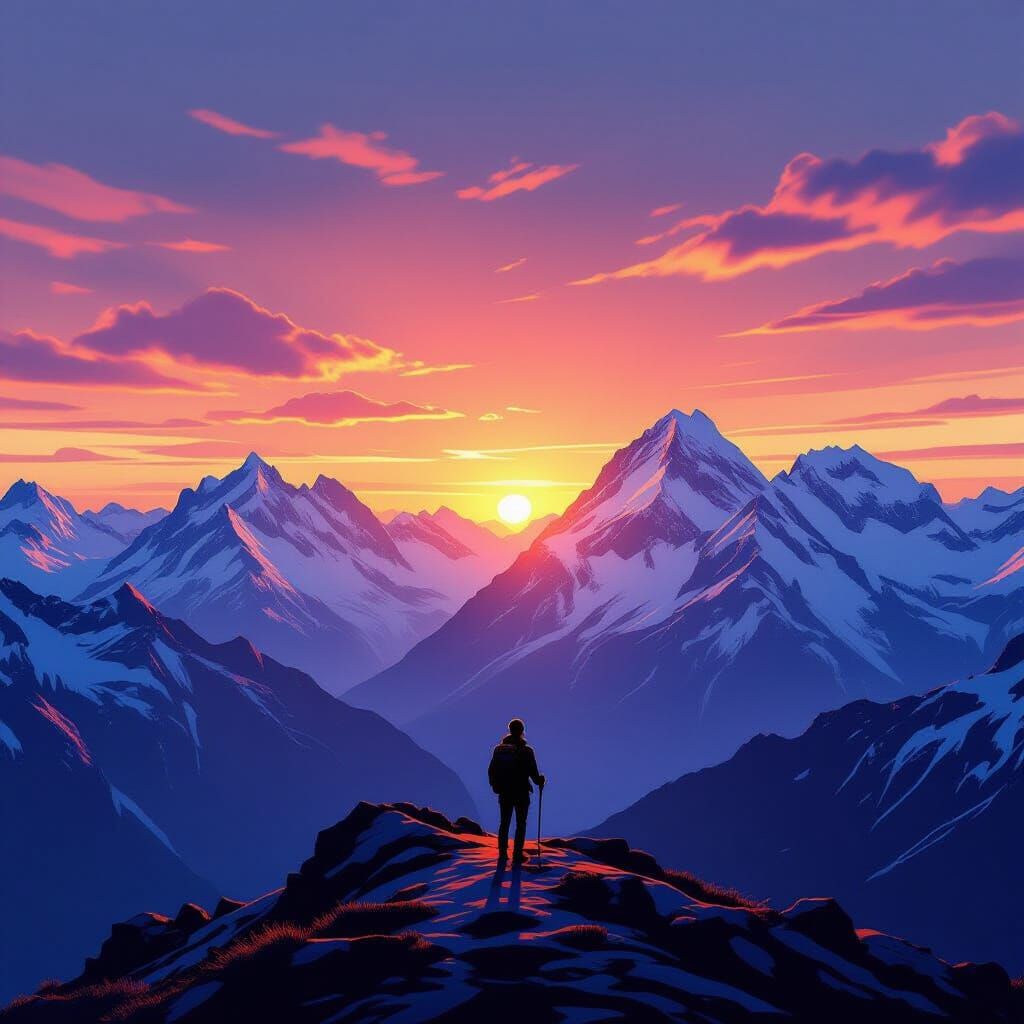 Lone Hiker Silhouetted Against Majestic Swiss Alps Sunset