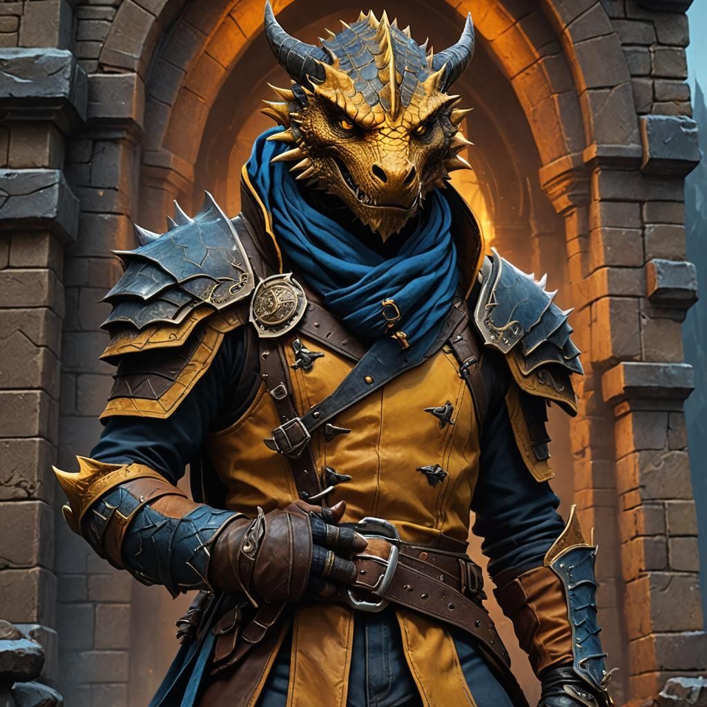 Dragonborn Rogue Scaling Tower in Dark Fantasy Realism