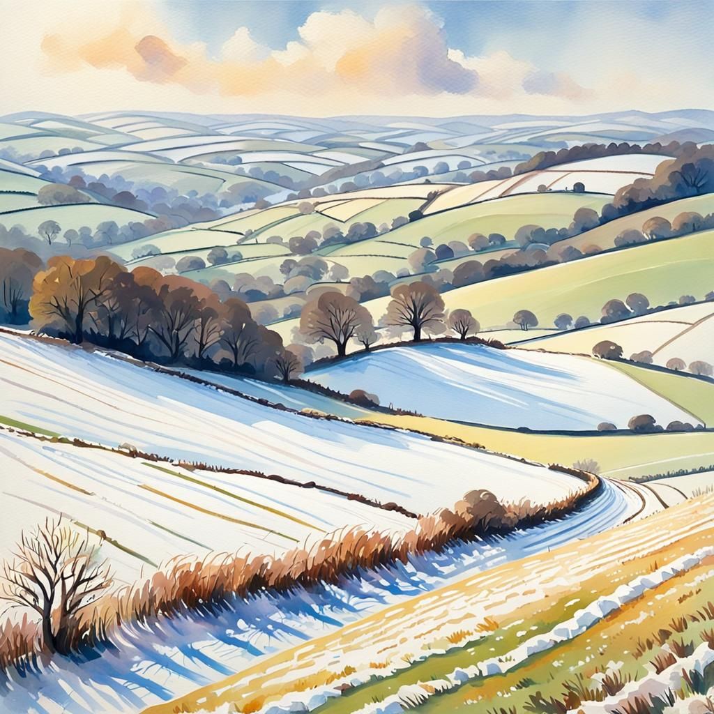 Winter Snow on South Downs in Gouache Style