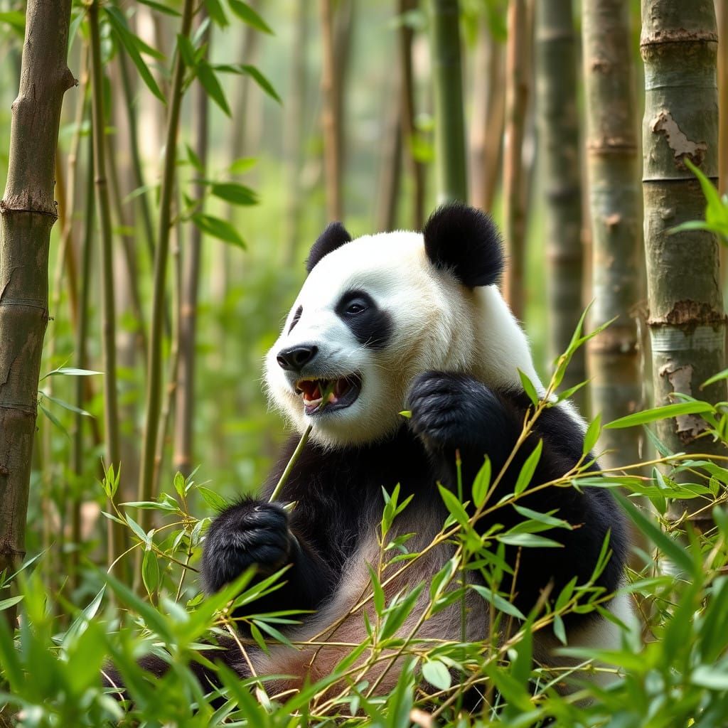 A Panda Feasts on Bamboo in a Serene Forest Landscape