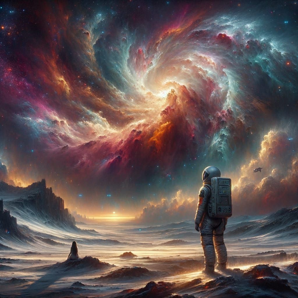 A lone astronaut stands on a desolate alien planet