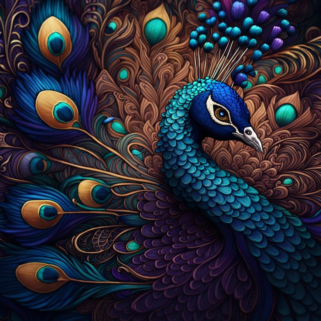 Intricate Peacock Zentangle in Detailed Matte Painting Style
