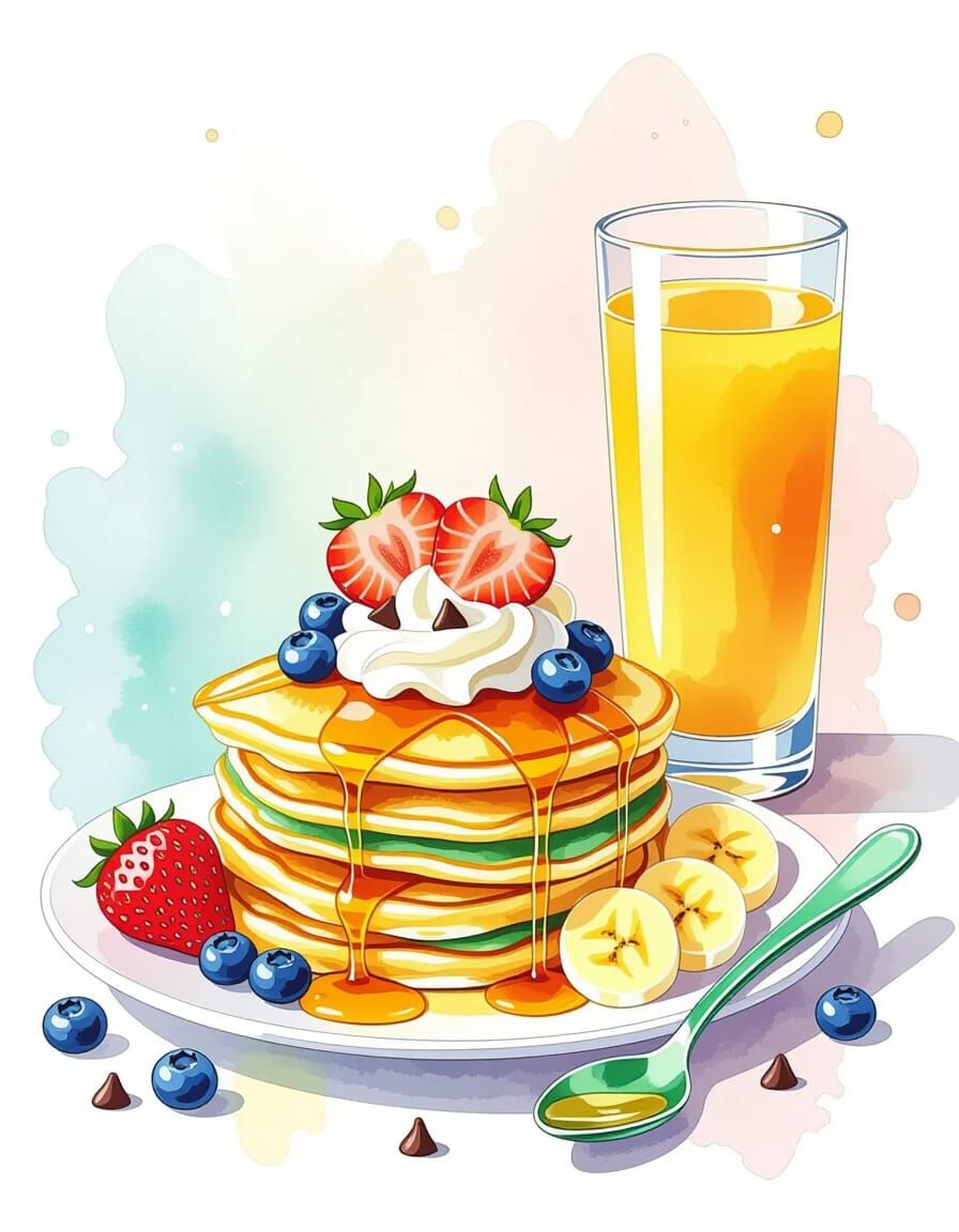 Rainbow Pancakes in Watercolor Splash Art Style