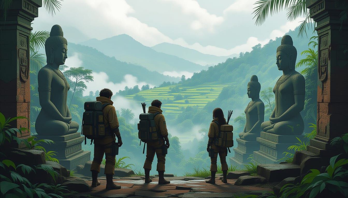 Explorers in Misty Jungle Amidst Ancient Statues