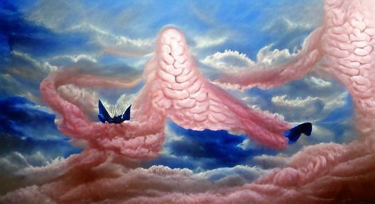 Navy Blue Angel in Light Pink Clouds Oil Painting