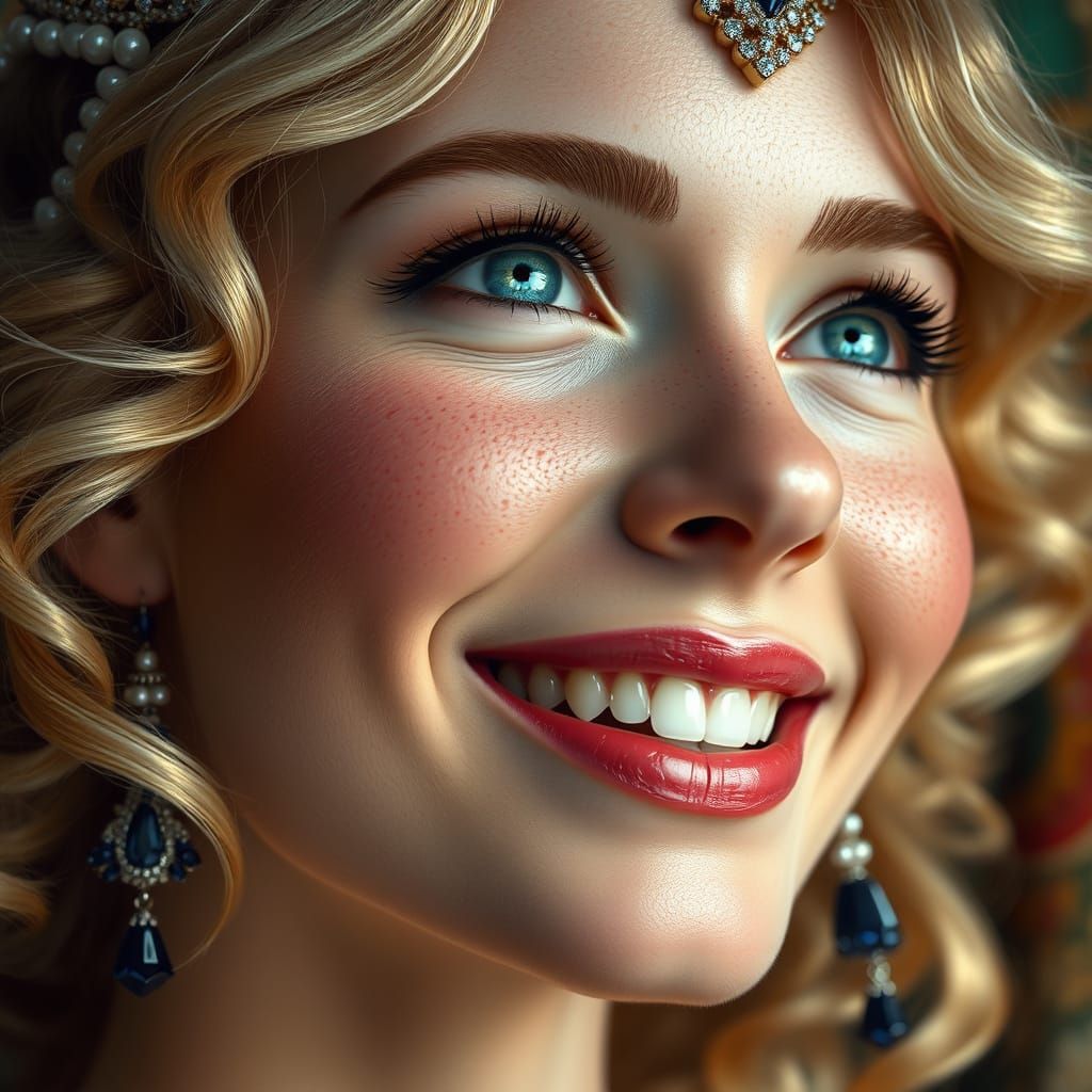 Beautiful Woman Portrait with Sapphire Jewelry in Hyperreali...