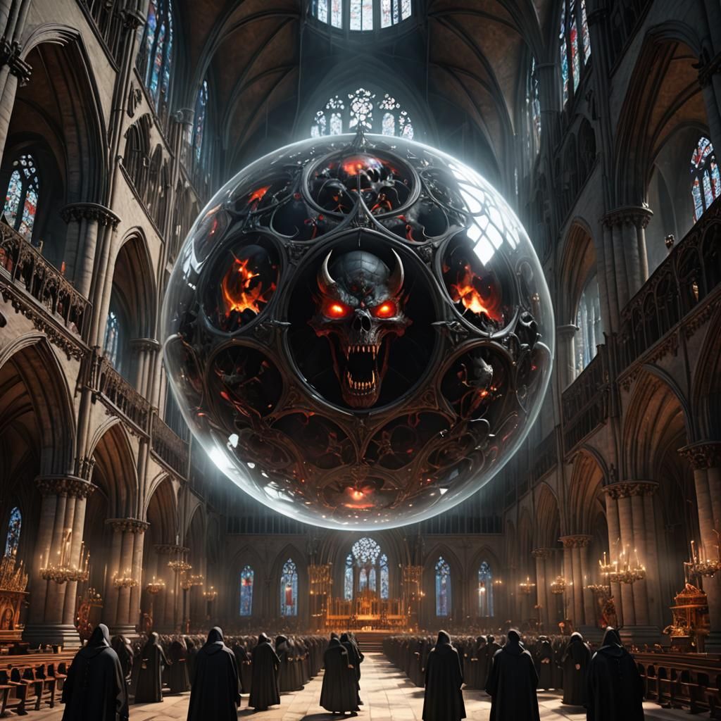 Demonic Orb Over Gothic Cathedral in 3D