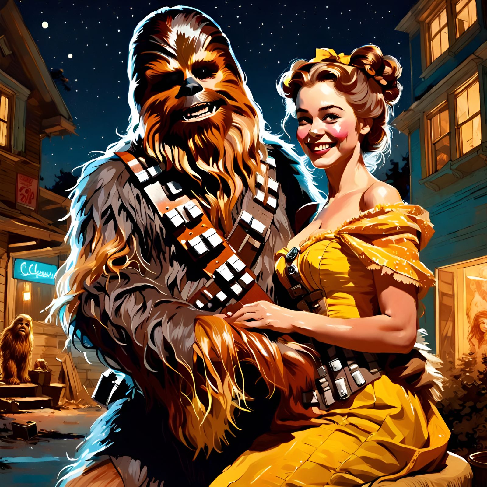 Belle and Chewbacca Night Scene in Pin-Up Style
