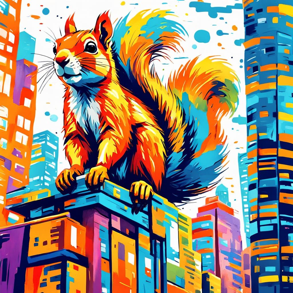 Squirrel Climbs Skyscraper in Fauvist Style