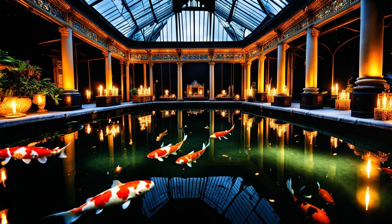 koi fish pond in greenhouse at night