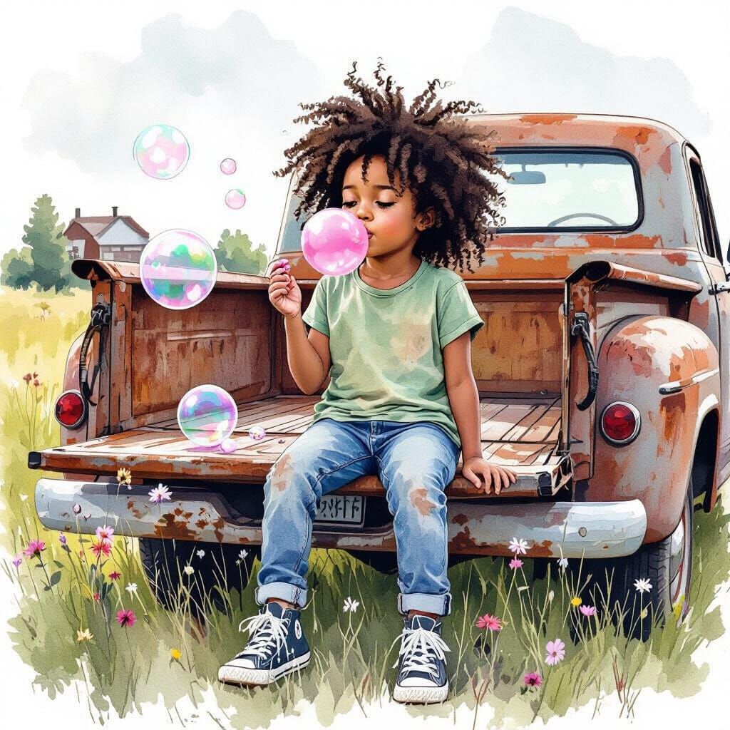 Girl Blowing Bubbles in Whimsical Watercolor Chalk Art