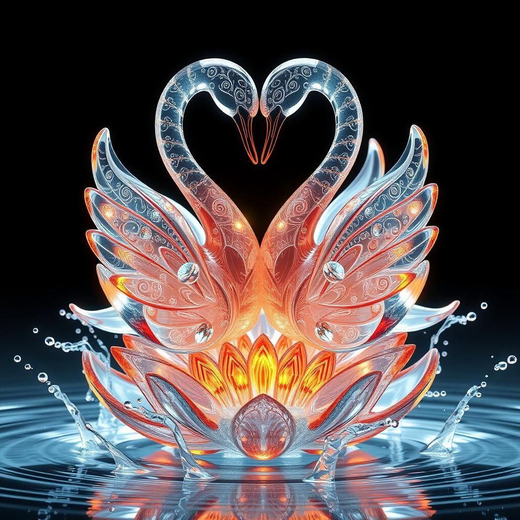 Glass Swans Forming Heart on Flower, in Syd Mead Style