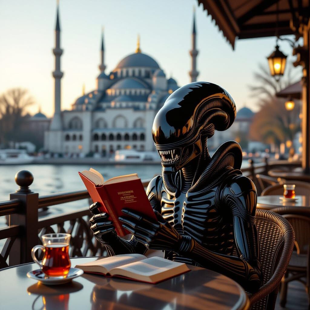 Xenomorph Enjoys Turkish Tea at Istanbul Cafe