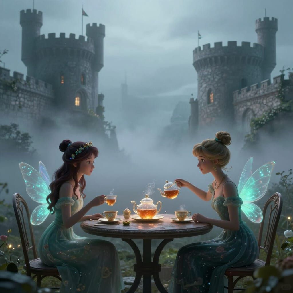 Bioluminescent Fairies Share Tea Between Castles in Volumetr...