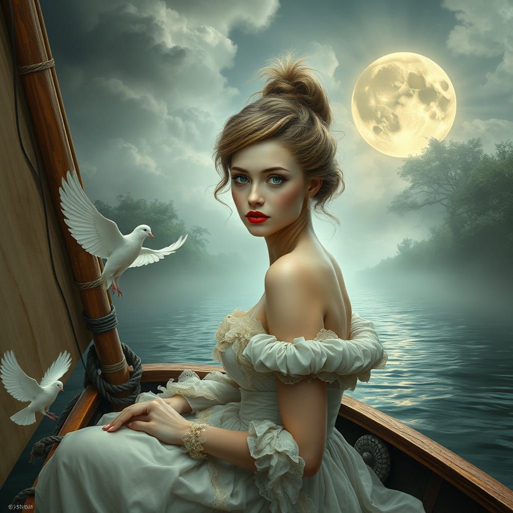Baroque Surreal Art: Woman on a Stormy Sailing Boat