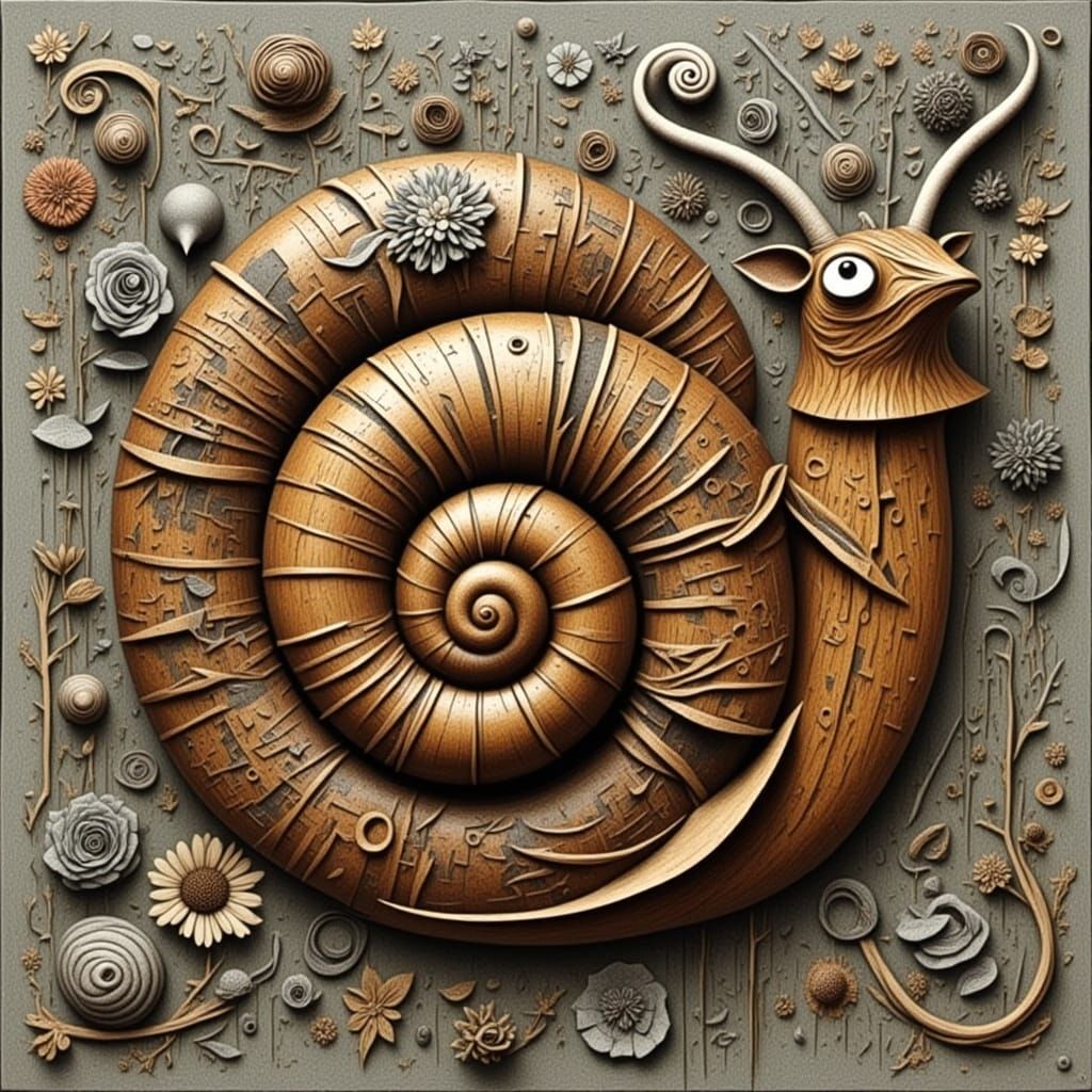 Detailed Brown Wood Carving of a Snail