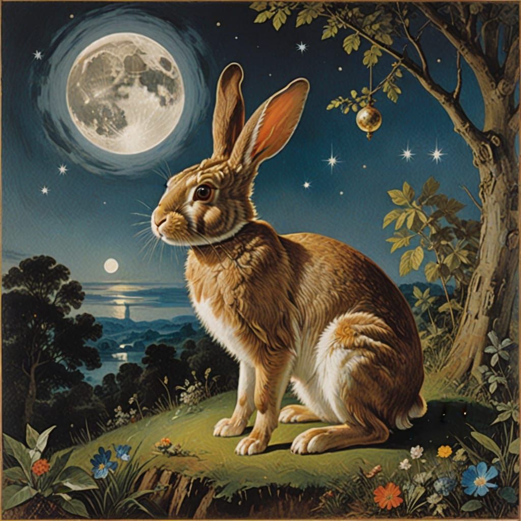 A Starry Rabbit Radiates Joy in Whimsical Dreamlike Painting