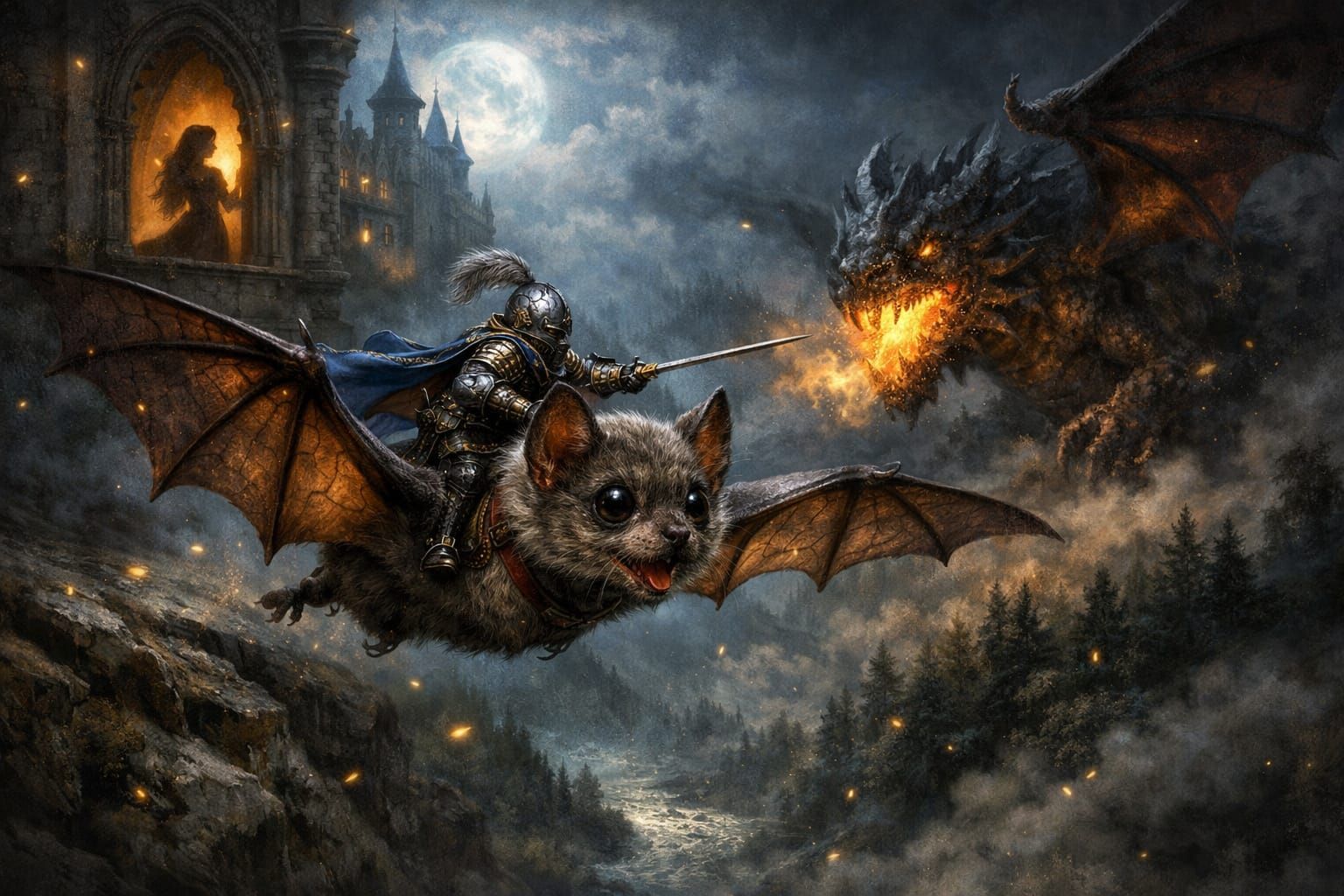 Knight Riding Bat to Dragon Battle