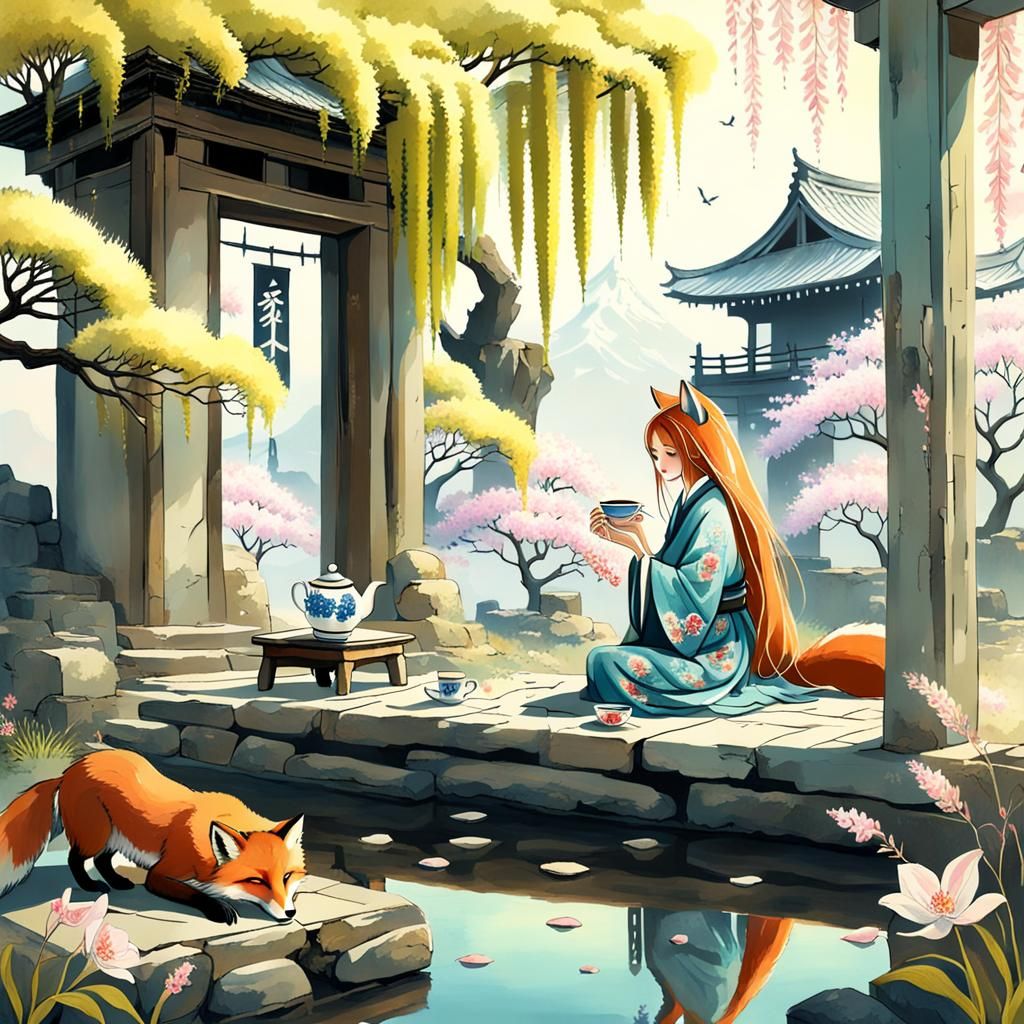 Fox Spirit and Woman in Japanese Ruins