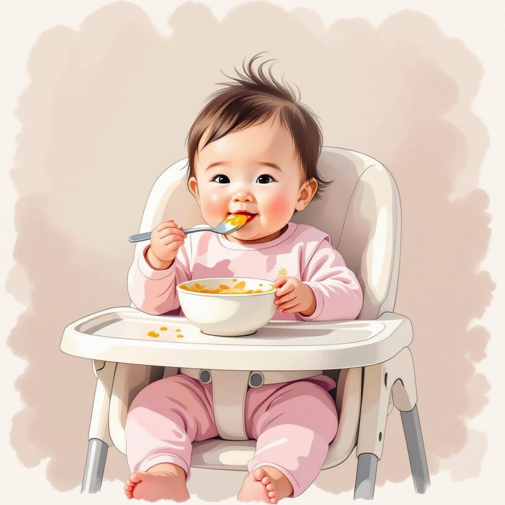 Asian Baby Eating: Minimalist Storybook Illustration