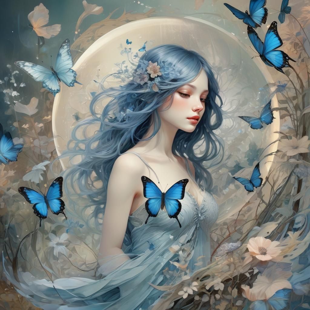 Blue Butterfly Fantasy Art with Silver Sphere