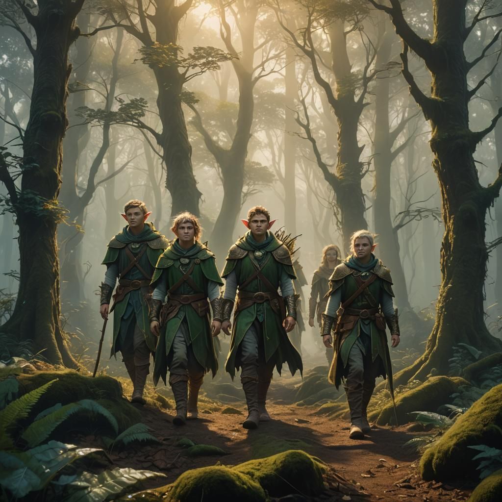 Elven Adventurers in Misty Forest: Fantasy Art