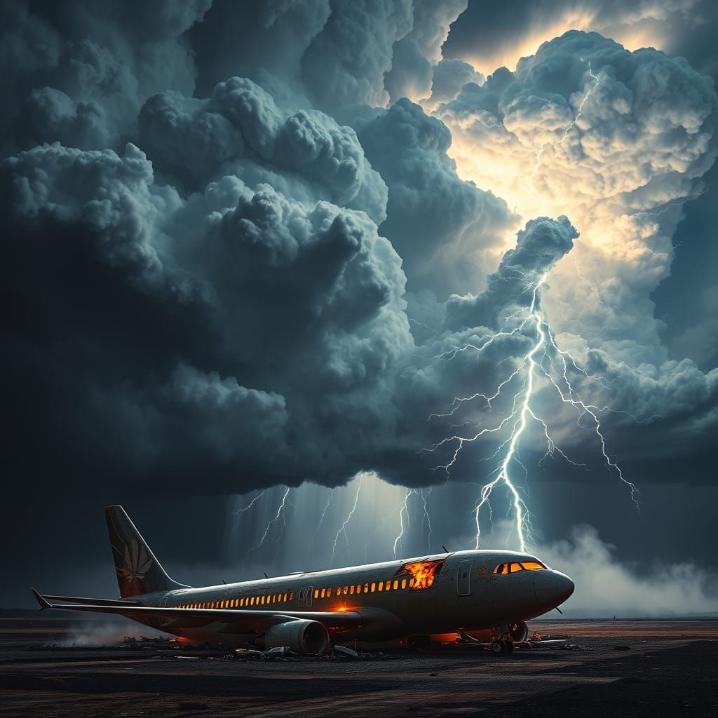 Hyper Realistic Lightning Storm with Burning Plane Wreckage