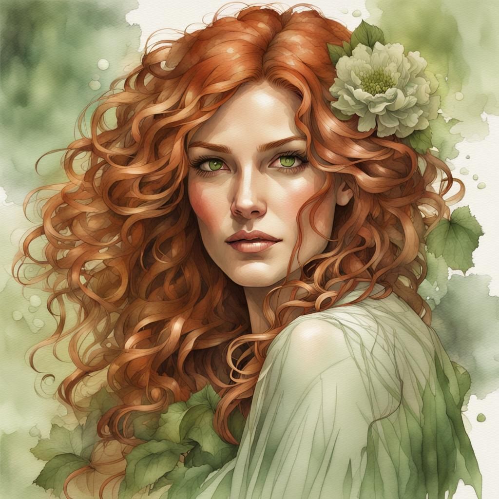 Redhead Portrait with Floral Background in Watercolor Style