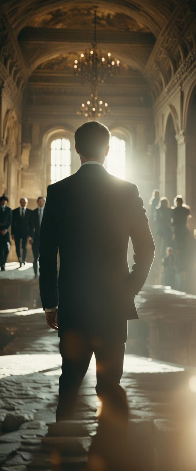 Cinematic Man in Suit in Castle Living Room