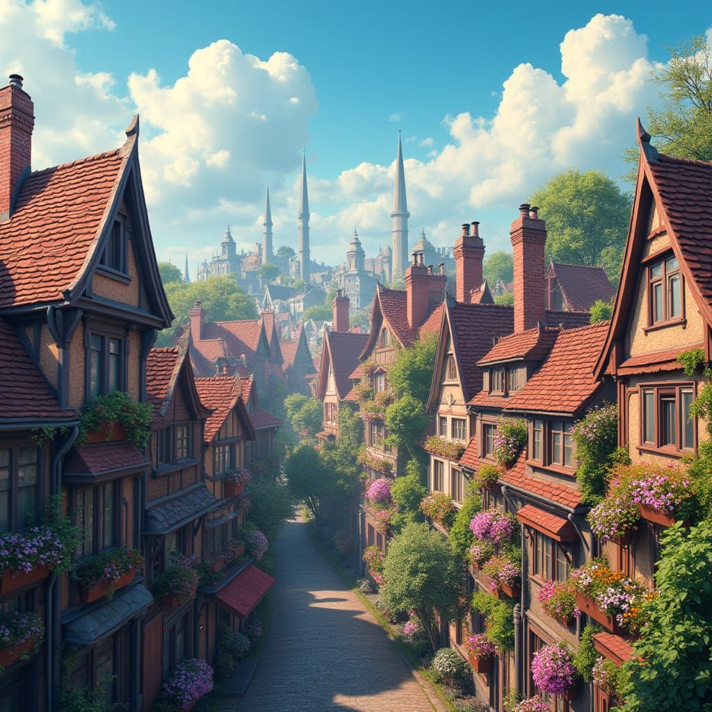 Fantastical Houses with Flowerboxes and Cloudy Skies