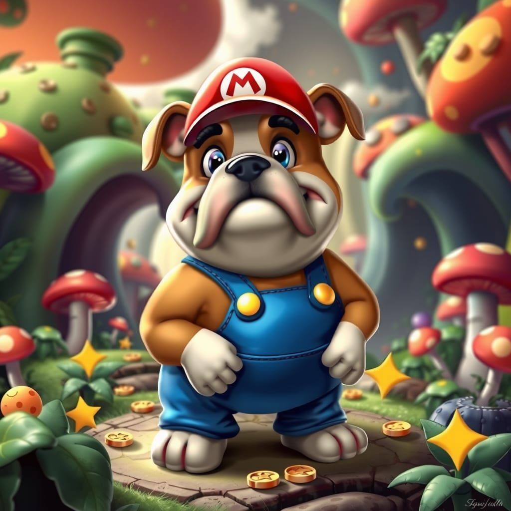 Bulldog as Super Mario in Cartoon Style