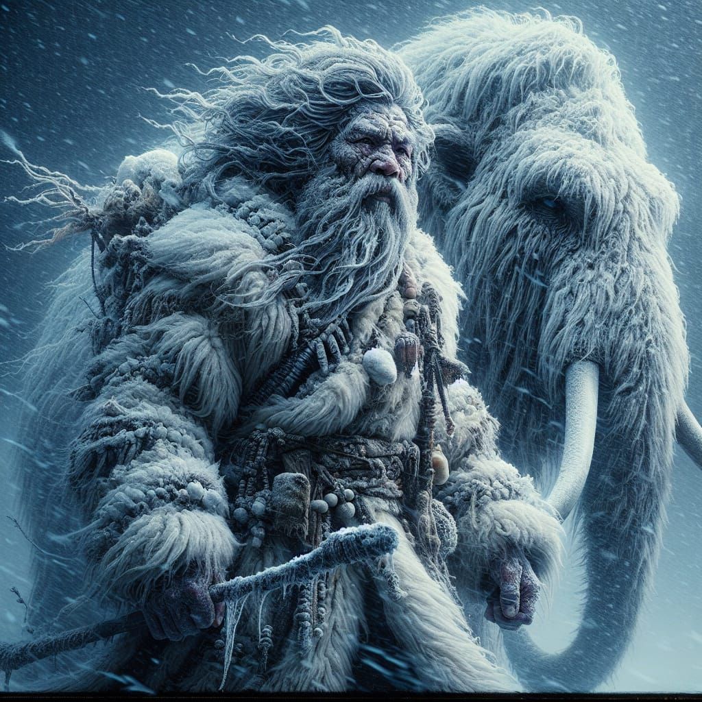 Monk and Mammoth in Snowy Wilderness