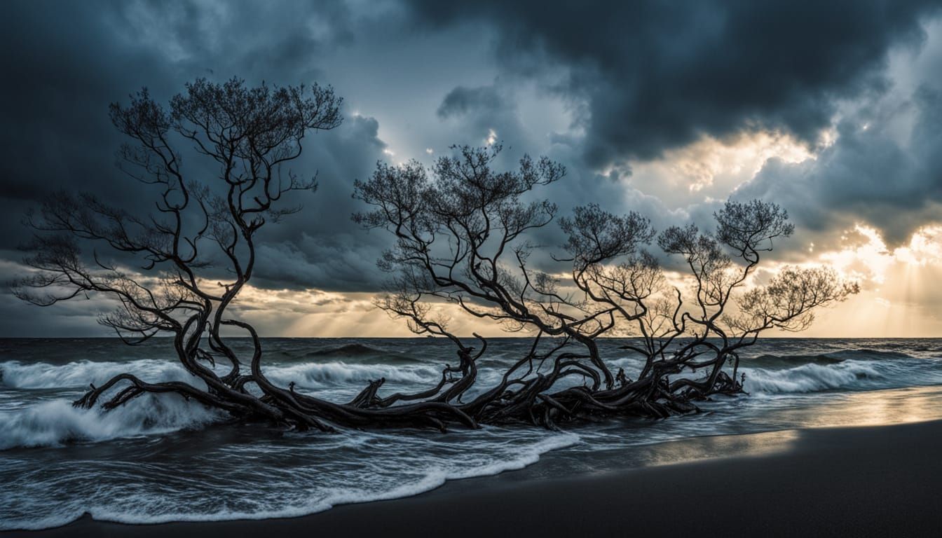 Dramatic Golden Hour Oil Painting of Bending Trees Over Chur...