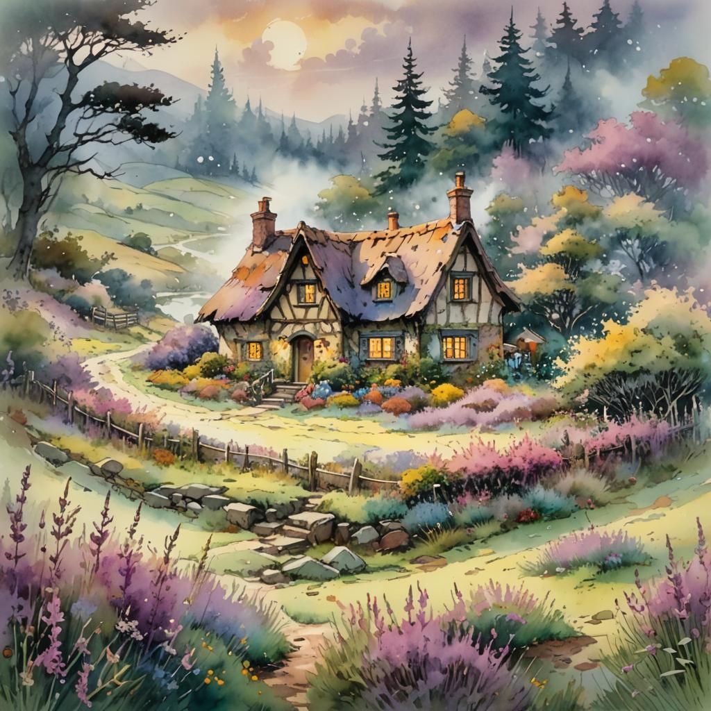 Misty Heather Cottage: Watercolor Alcohol Ink Art