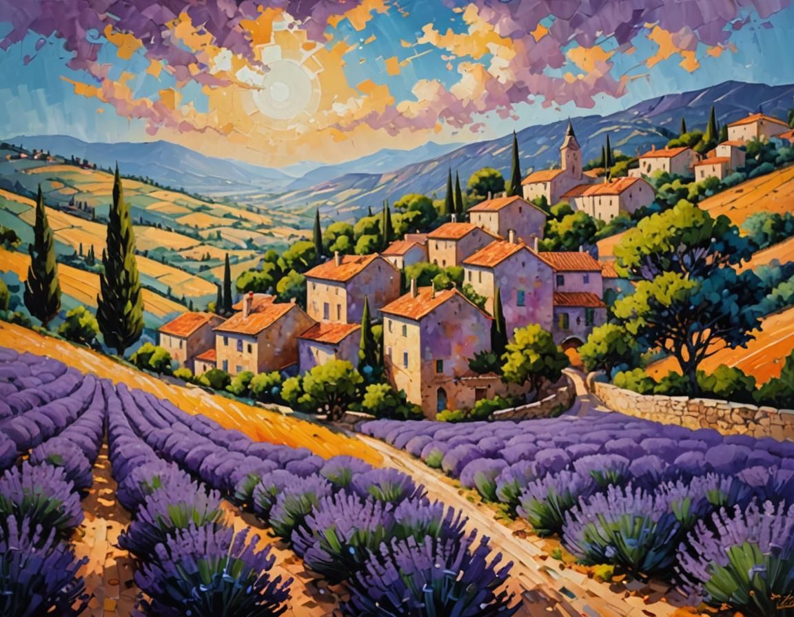 Provençale Village in Lavender Fields, Impasto Painting