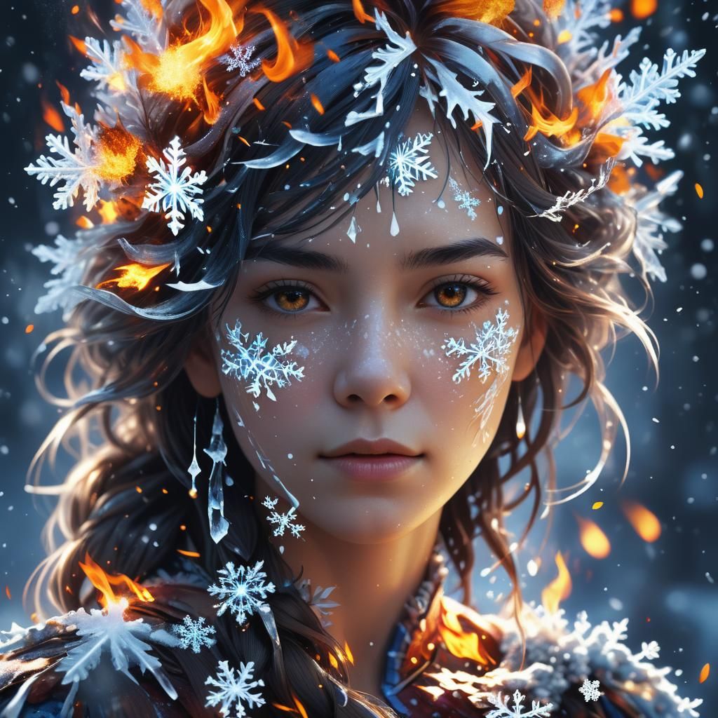 Snowflake Woman Portrait with Fire Overlay