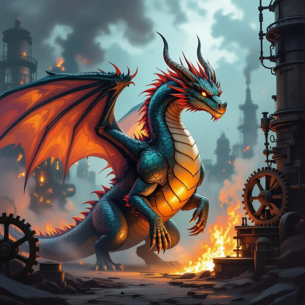 Majestic Dragon Emerging from Steampunk Refinery in Dramatic...