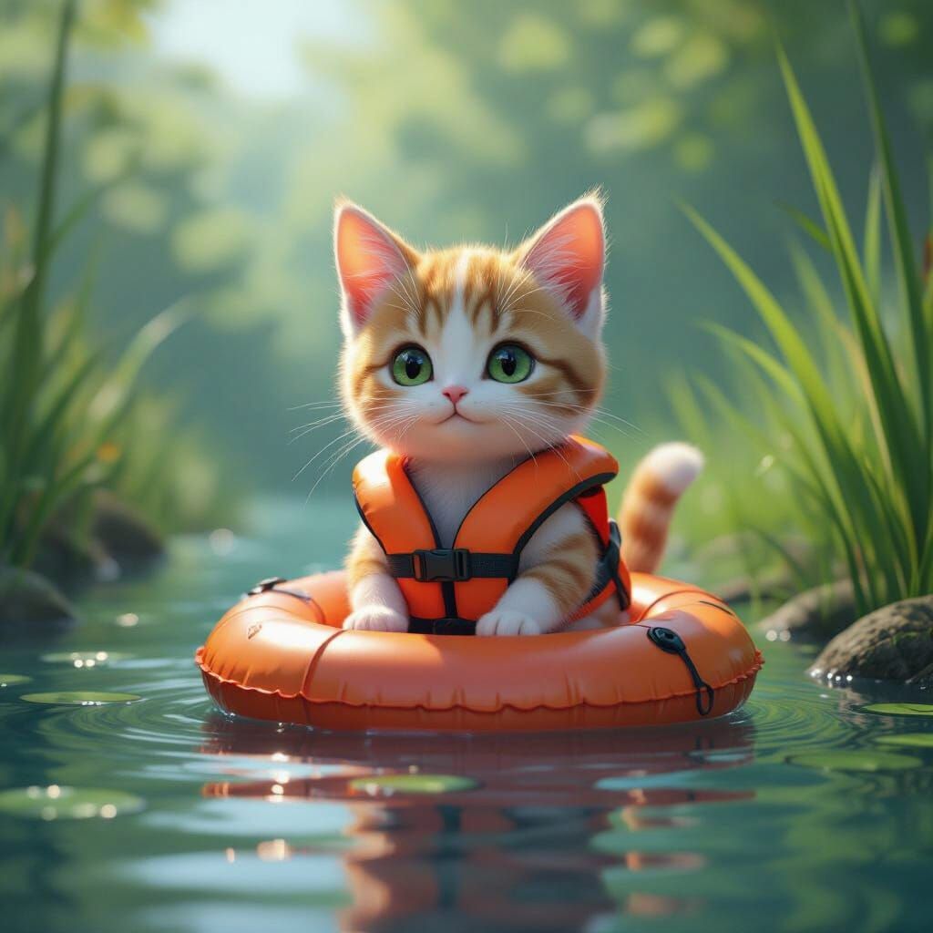 Anime Cat in Serene Lake with Life Jacket