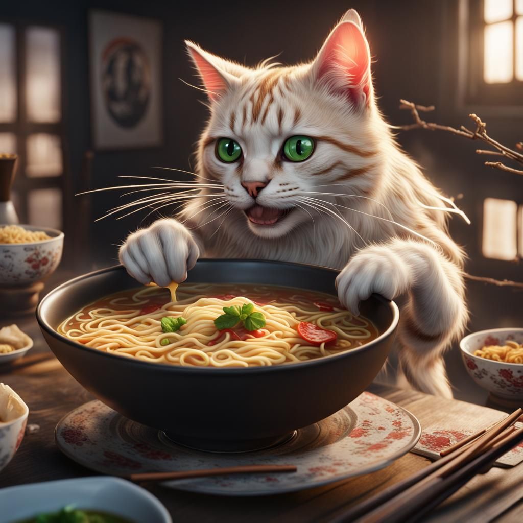 Funny Cat Eating Ramen in Detailed Painting