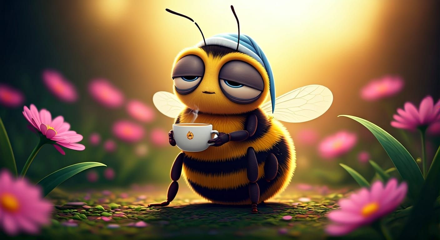 Sleepy Bumblebee's Dawn Tea: Pixar-Style 3D Art