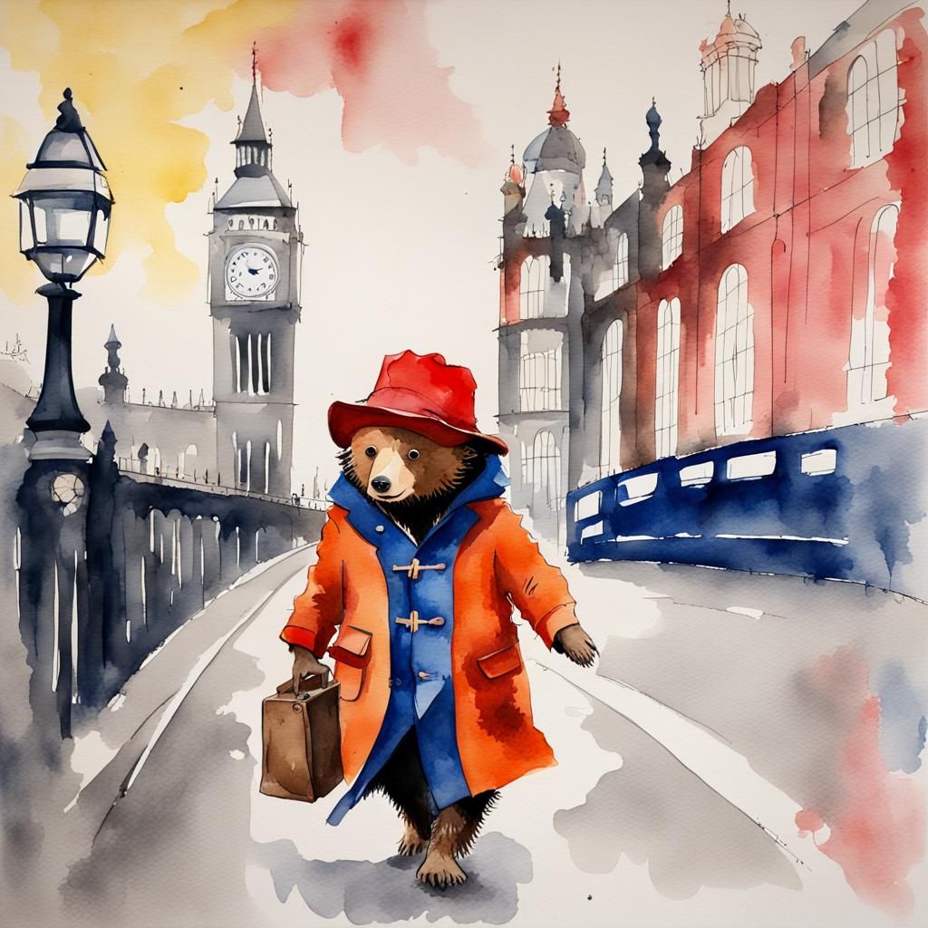 Paddington Bear in London: Abstract Watercolor Art