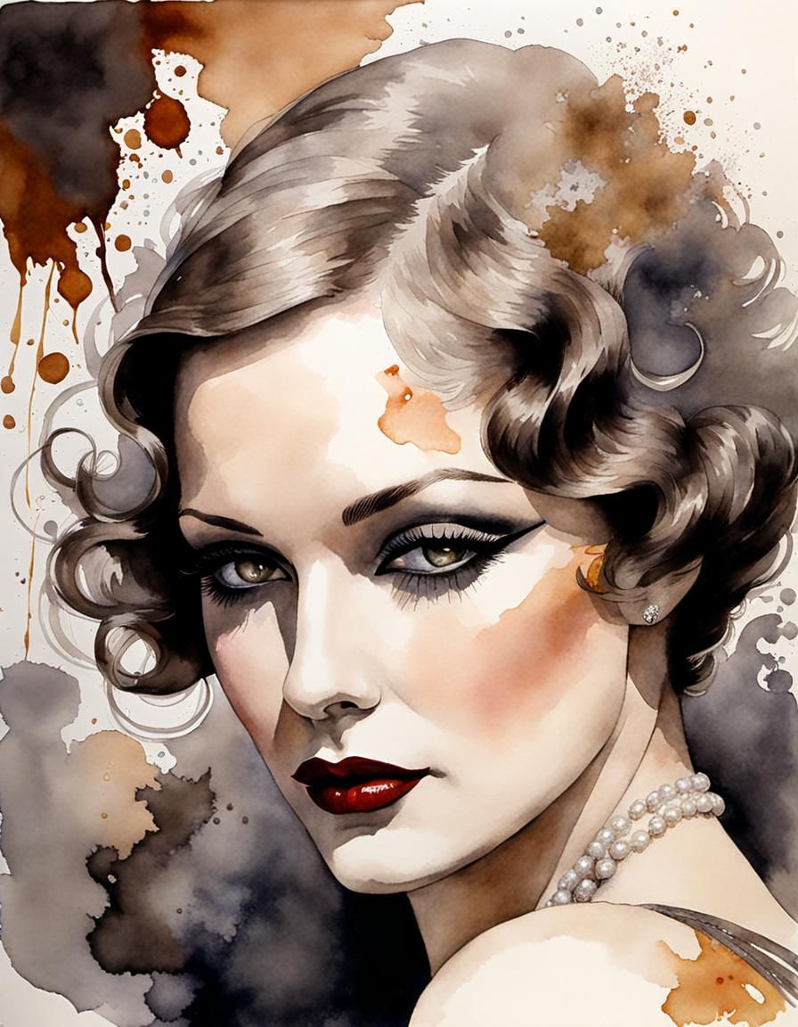 Sensuous 1920s Woman Portrait in Watercolor Style