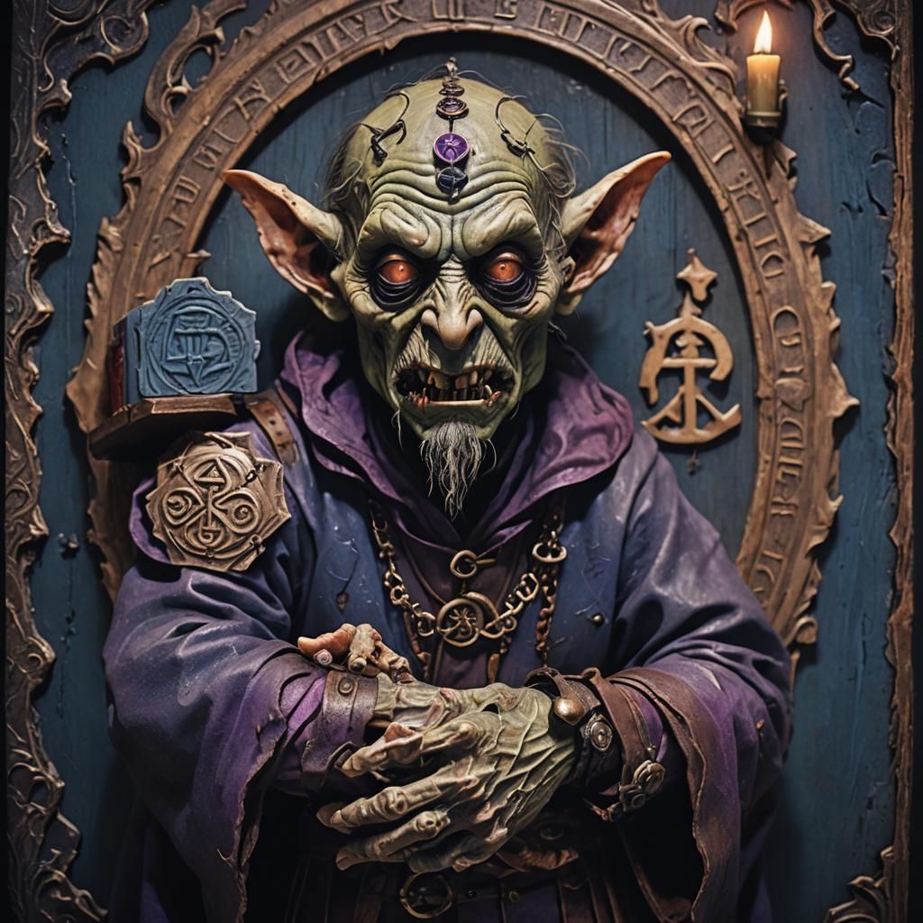 Zombie Goblin Wizard with Ancient Tome: Surreal Oil Painting